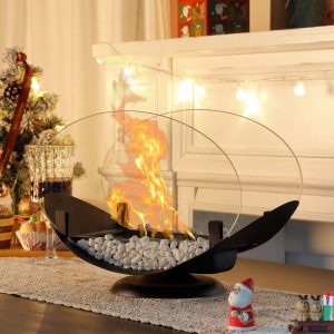 JHY DESIGN Oval Tabletop Fireplace Fire Bowl with Two-Sided Glass 24.5 cm High Portable Clean-Burning Bio Ethanol Ventless Firepit for Indoor Outdoor Parties Events Gifts Wedding