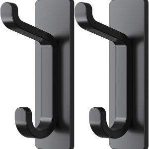 pickpiff Black Self Adhesive Hooks, Sticky Hooks Extra Sturdy, Hanging up to 6KG, Metal Stainless Heavy Duty Stick on Wall Door, for Towel Coat Hat Purse in Bathroom Shower Kitchen, 2 Pack