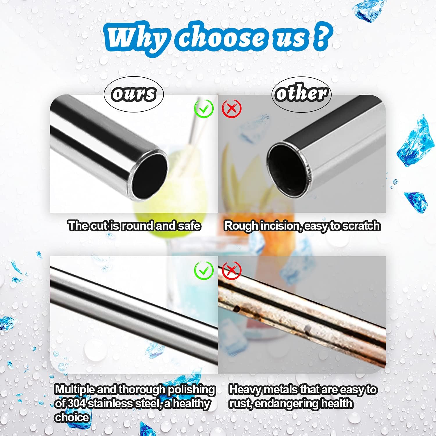 12 Pcs Stainless Steel Straws, Reusable Metal Drinking Straws with 2 Cleaning Brush for Smoothie, Milkshake, Cocktail and Hot Drinks - Image 2