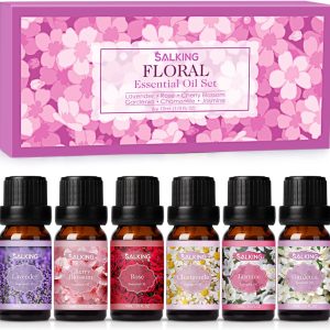 SALKING Essential Oils Set, 100% Pure Fragrance Oil Aromatherapy Gift, Premium Scented Oils for Diffusers 6 x 10 ML – Lavender, Rose, Jasmine, Cherry Blossom, Gardenia, Chamomile, Pink