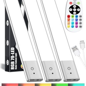 Kasanfe 79-LED Under Cabinet Lights Wireless, RGB Under Cabinet Lighting, Rechargeable Closet Lights Remote, Under Counter Lights for Kitchen Shelf Pantry Desk, 15 Colors(3 Packs) [Energy Class A]