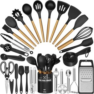 Kitchen Utensils Set – 34PCS Silicone Cooking Utensils with Holder, Heat Resistant, Nonstick Cookware Tongs Spatula Spoon Set, Wooden Handles Kitchen Tools & Gadgets (Black)