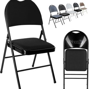 Nyxi Set of 2 Folding Chairs Premium Quality with Padded Fabric or PVC Seats, Metal Frame, Foldable Chair Home Office Dinning, Heavy Duty, Multi-Purpose Indoor & Outdoor (Black Fabric)