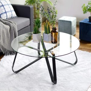 FITATHOME Round Tempered Glass Coffee Table, Nordic Minimalism Style Sofa Central Tea Table, Modern End Side Table with Iron Black Base for Home, Living Room, Patio, Garden(80cm*80cm*40cm