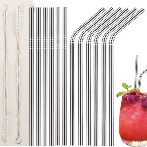 12 Pcs Stainless Steel Straws, Reusable Metal Drinking Straws with 2 Cleaning Brush for Smoothie, Milkshake, Cocktail and Hot Drinks