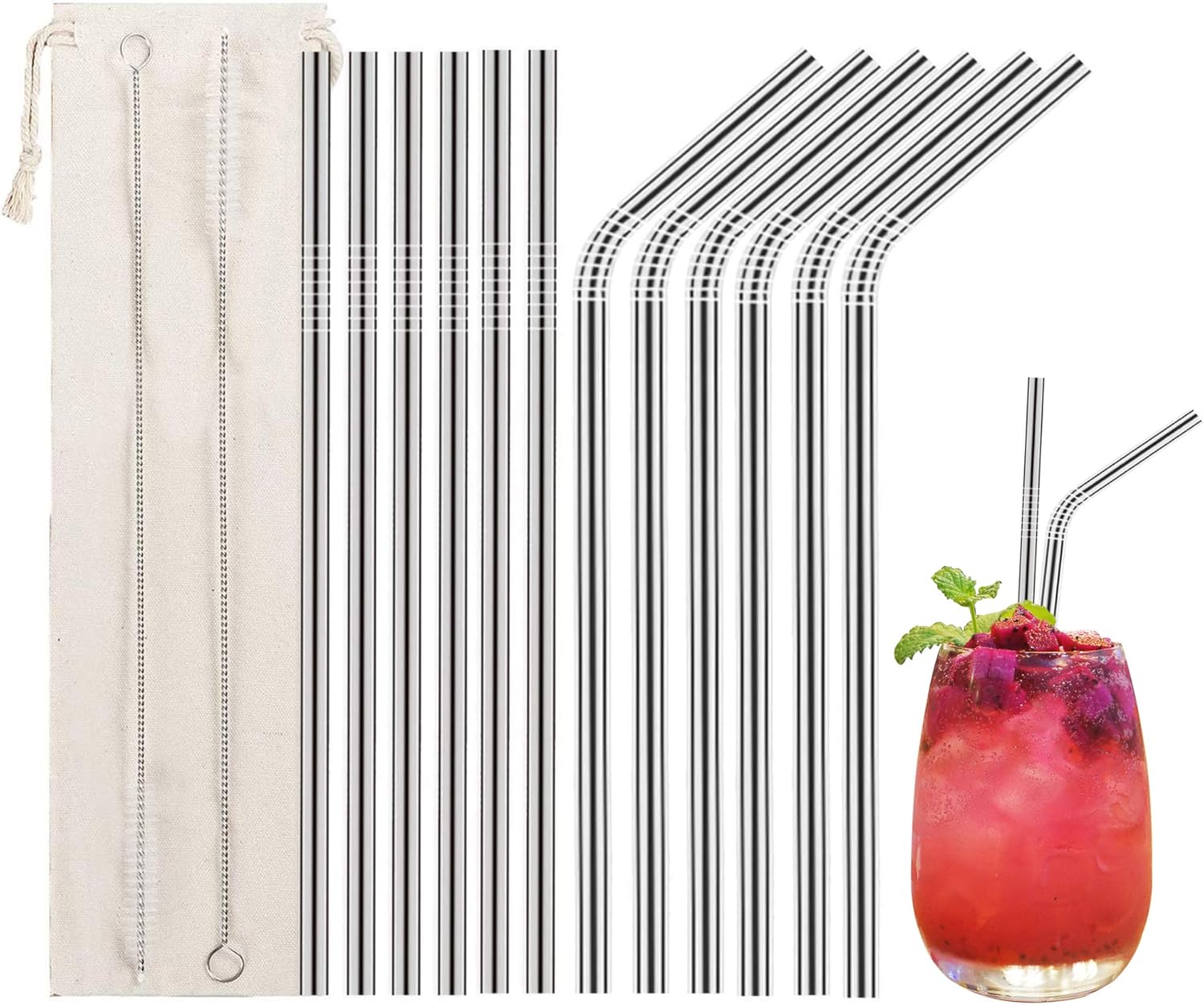 12 Pcs Stainless Steel Straws, Reusable Metal Drinking Straws with 2 Cleaning Brush for Smoothie, Milkshake, Cocktail and Hot Drinks
