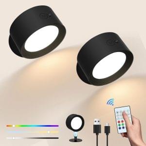UrbanHomes Wall Light LED Wall Lamp, 2 Pack Rechargeable Magnetic Mounted Reading Light with Remote and Touch Control, 360° Rotation Spotlight Dimmable Wireless Wall Sconces for Bedroom Picture [Energy Class F]