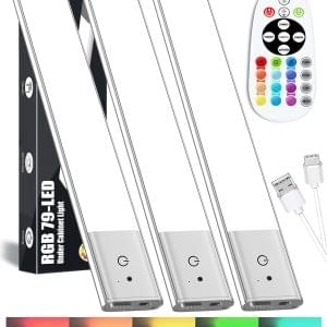 Kasanfe 79-LED Under Cabinet Lights Wireless, RGB Under Cabinet Lighting, Rechargeable Closet Lights Remote, Under Counter Lights for Kitchen Shelf Pantry Desk, 15 Colors(3 Packs) [Energy Class A]