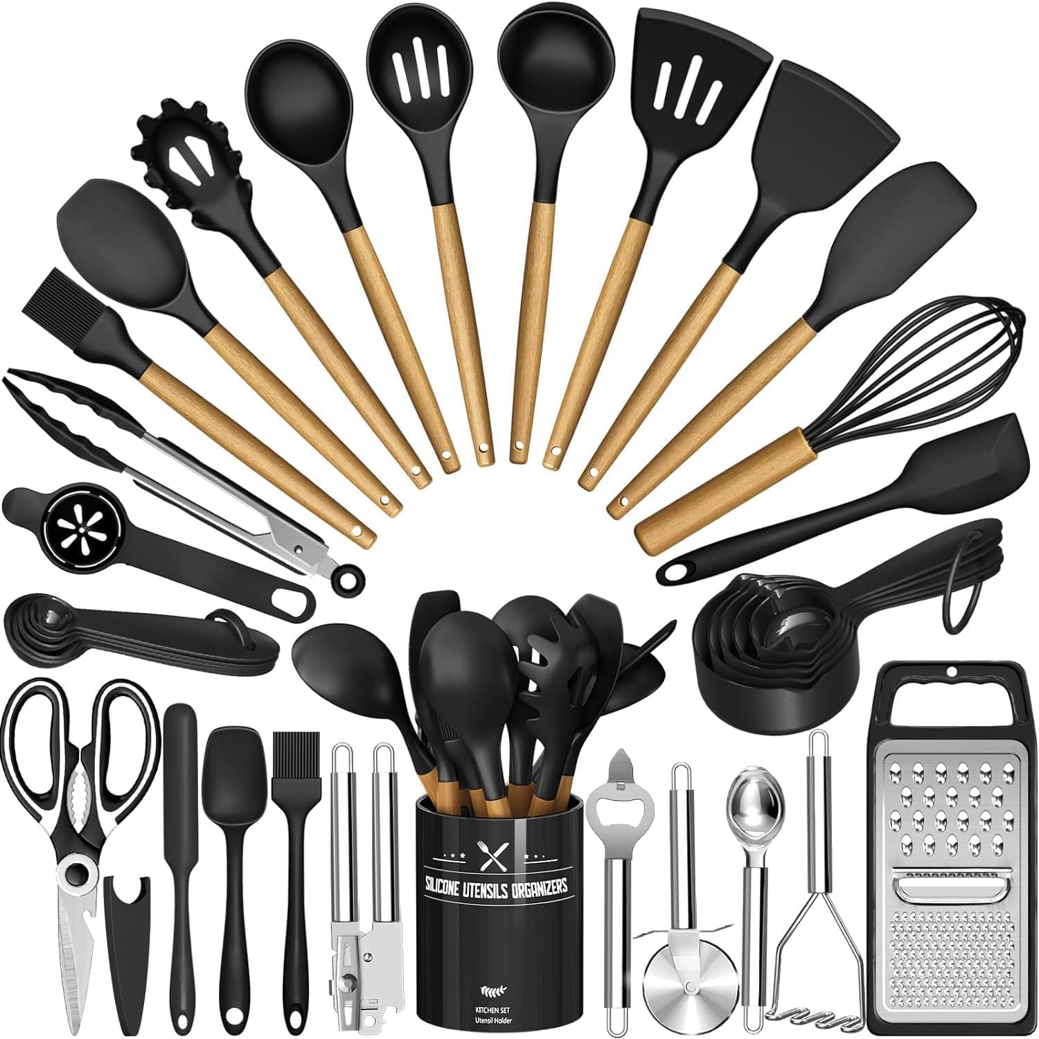 Kitchen Utensils Set - 34PCS Silicone Cooking Utensils with Holder, Heat Resistant, Nonstick Cookware Tongs Spatula Spoon Set, Wooden Handles Kitchen Tools & Gadgets (Black)