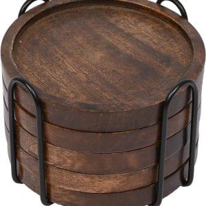 SAMHITA Mango Wood Coasters for Drinks with Iron Holder Stand Set of 5 for Countertop and Surfaces from Water Marks or Damage (11.43cm x 11.43cm x 1.27cm)