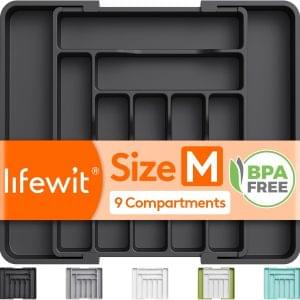 Lifewit Cutlery Drawer Organiser, Adjustable Cutlery Tray,9 Compartment, Kitchen Drawer Organiser Utensil Spoons Forks Knives,Black