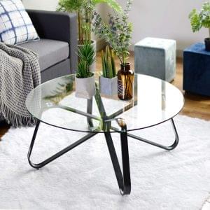 FITATHOME Round Tempered Glass Coffee Table, Nordic Minimalism Style Sofa Central Tea Table, Modern End Side Table with Iron Black Base for Home, Living Room, Patio, Garden(80cm*80cm*40cm