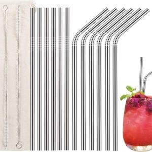 12 Pcs Stainless Steel Straws, Reusable Metal Drinking Straws with 2 Cleaning Brush for Smoothie, Milkshake, Cocktail and Hot Drinks