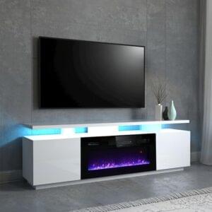 INMOZATA Electric Fire Insert TV Stand, 179cm Media Console Storage Table & 92cm Electric Fireplace with Remote Control, 12 LED Backlight, 12 Flame Colors, Temperature Adjustable, 900W&1800W-White