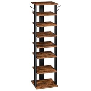 HOOBRO Shoe Rack Wooden, Tall Shoe Rack, Narrow Shoe Storage Organizer with 2 Hooks, Slim Shoe Shelf, Vertical Shoe Tower for Entrance, Living Room, Hallway, Industrial, Rustic Brown EBF07XJ01G1
