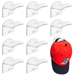Vibbang 10 Pack Adhesive Hat Holder Cap Hook for Wall Mount No Drilling Hat Rack Organizer Strong Hold for Baseball Caps Modern Hat Hangers Storage for Door, Closet, Office, Bedroom (Transparent)