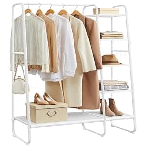 VASAGLE Clothes Rail, Clothes Rack with Shoe Shelf, 5-Tier Storage Rack, 6 Side Hooks, for Bedroom, Living Room, Cloud White and Matte White RGR116W02