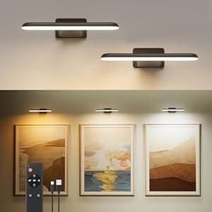 FULEN 2 Pack Picture Lights for Wall, Battery Operated Picture Light Rechargeable, Cordless Dart Board Lights, LED Wall Sconces for Pictures,Frames&Mirros, 3 Color Temperatures, Remote Control, Black