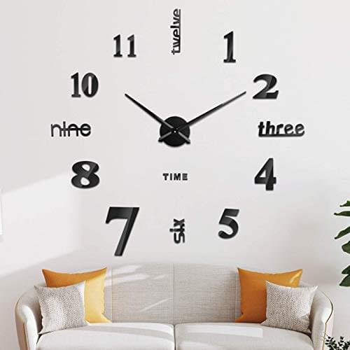 DIY Wall Clock SOLEDI Fashion Frameless 3D Mirror Sticker Metal, Home and Office Beautiful Decoration (Black or Silver)