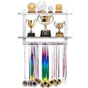 Lavievert Wooden Medal Hanger & Trophy Shelf, Wall-Mounted Race Medal Display with 2 Tier Storage Shelf, Medal Holder Trophy Rack with 19 Hanging Bars