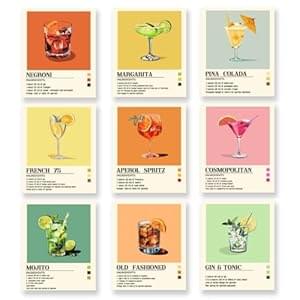 SUPERDANT 9 Pcs Cocktails Canvas Wall Art Cocktail Pictures for Living Room Mojito Poster Bar Wall Painting for Kitchen Cafeteria Bar Summer Party (No Farm)